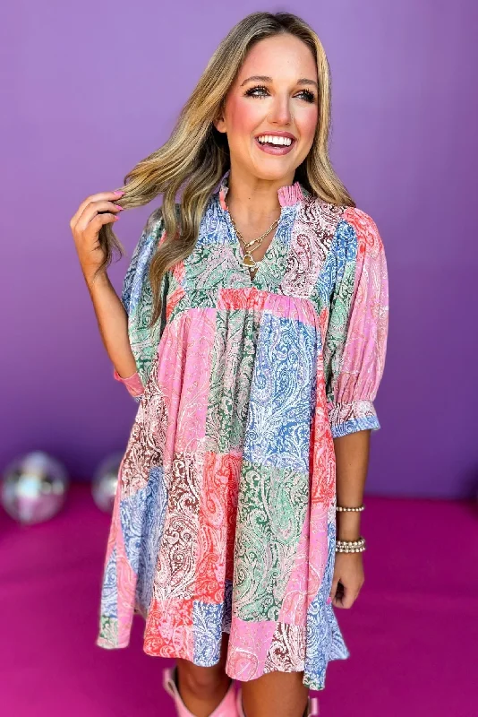 Sequined mini dresses for New Year's EveBlue Multi Paisley Frill Split Neck 3/4 Quarter Band Sleeve Dress