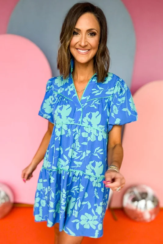Mini dresses with wrap - around stylesBlue Two Tone Floral Printed Collared Tiered Short Bubble Sleeve Dress