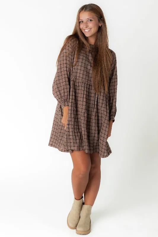 Mini dresses with abstract prints for an artistic lookBrass & Roe Crew Plaid Dress