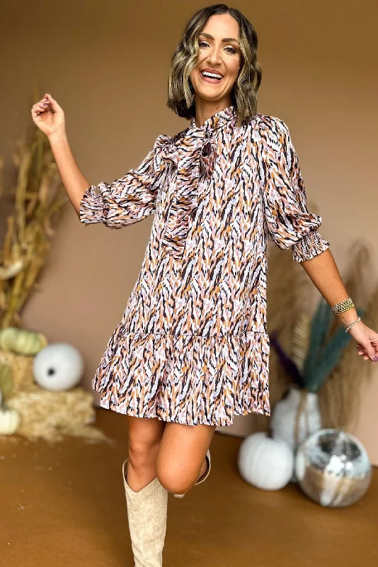 Satin mini dresses for a luxurious feelCamel Lilac Abstract Print Puff Sleeve Tiered Dress