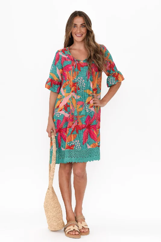 Mini dresses with patchwork designs for a unique styleCayman Green Floral Cotton Tunic Dress