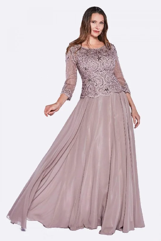 Strapless wedding guest dresses with rhinestone - studded bodicesCinderella Divine - 14327 Quarter Sleeve Soutache Bodice A-Line Long Formal Dress