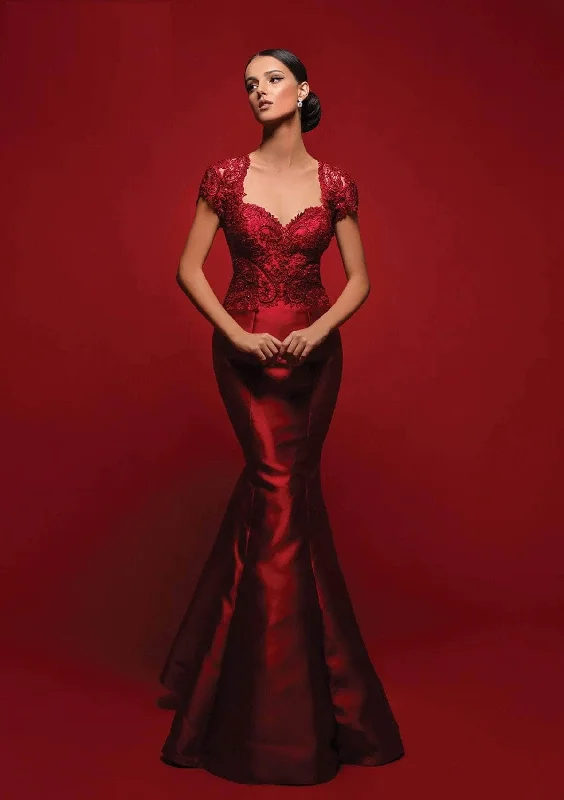 Wedding guest dresses with gathered skirts and V - necklinesClarisse - Cap Sleeve Lace Queen Anne Mermaid Gown M6256