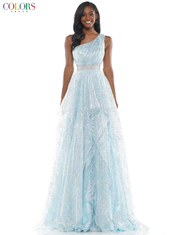 One - shoulder wedding guest dresses with beaded detailsColors 2650 Colors Long Formal Glitter Mesh Prom Dress