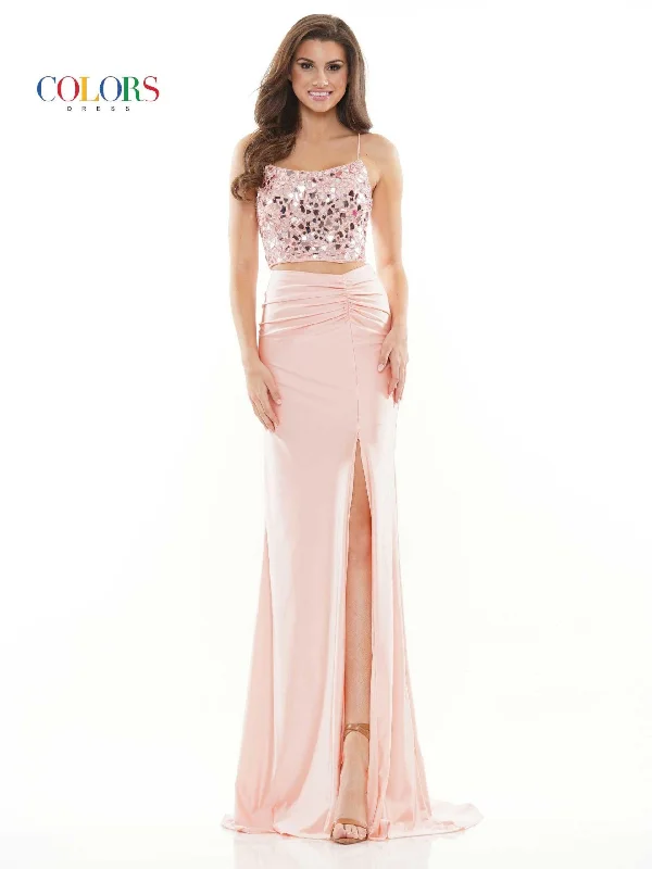 Long - sleeved wedding guest dresses in velvet for a winter weddingColors 2688 Colors Long Formal Two Piece Beaded Prom Dress