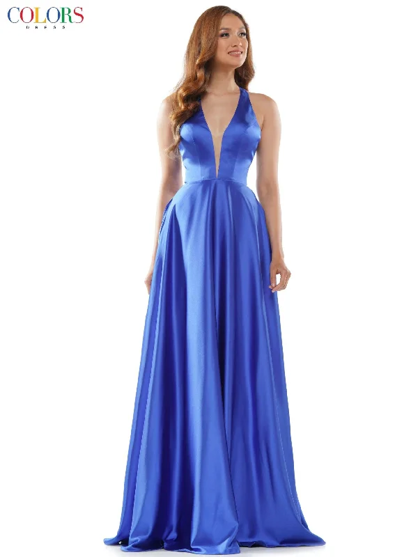 Wedding guest dresses with high - low hems and floral appliquesColors 2633 Colors Long Halter Formal Prom Dress