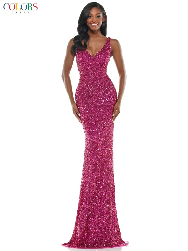 Wedding guest dresses with button - down fronts and A - line silhouettesColors K103 Colors Long Sleeveless Fitted Formal Prom Dress