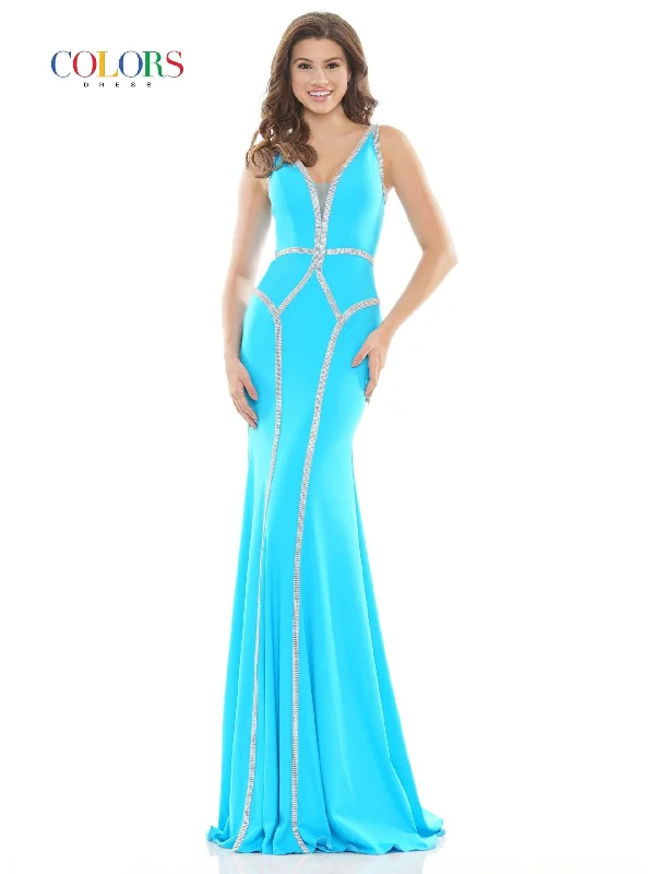 Plaid wedding guest dresses in muted colors for a fall weddingColors 2696 Colors Long Sleeveless Formal Beaded Dress