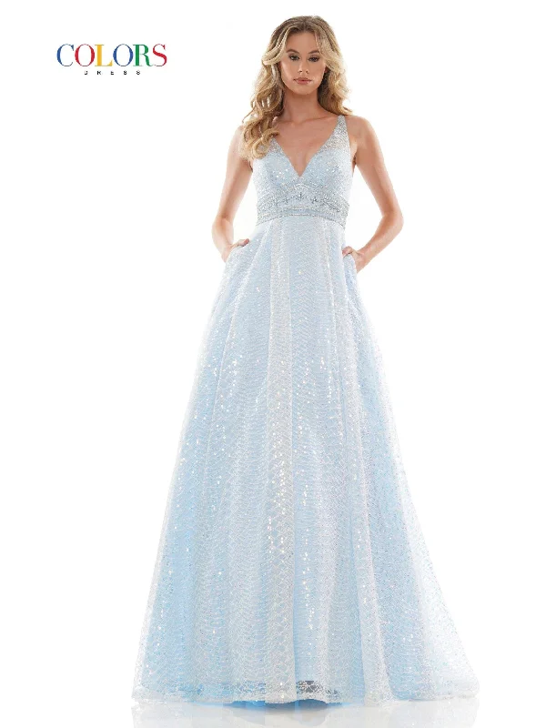 Wedding guest dresses with abstract prints and long trainsColors 2749 Colors Long Sleeveless Formal Prom Ball Gown