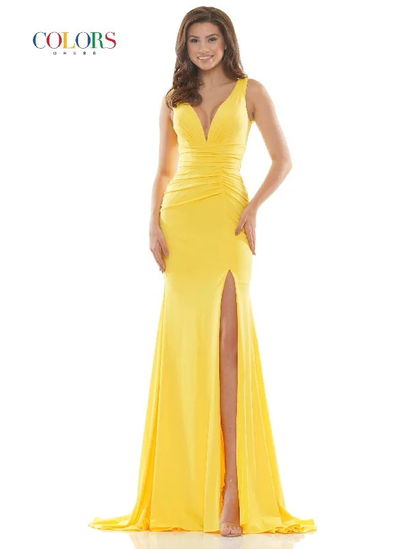 Wedding guest dresses with pom - pom trims for a playful lookColors 2694 Colors Long Sleeveless Formal Fitted Dress
