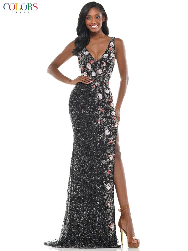 Cotton wedding guest dresses with smocked details for a casual weddingColors K104 Colors Long Sleeveless Formal Floral Prom Dress