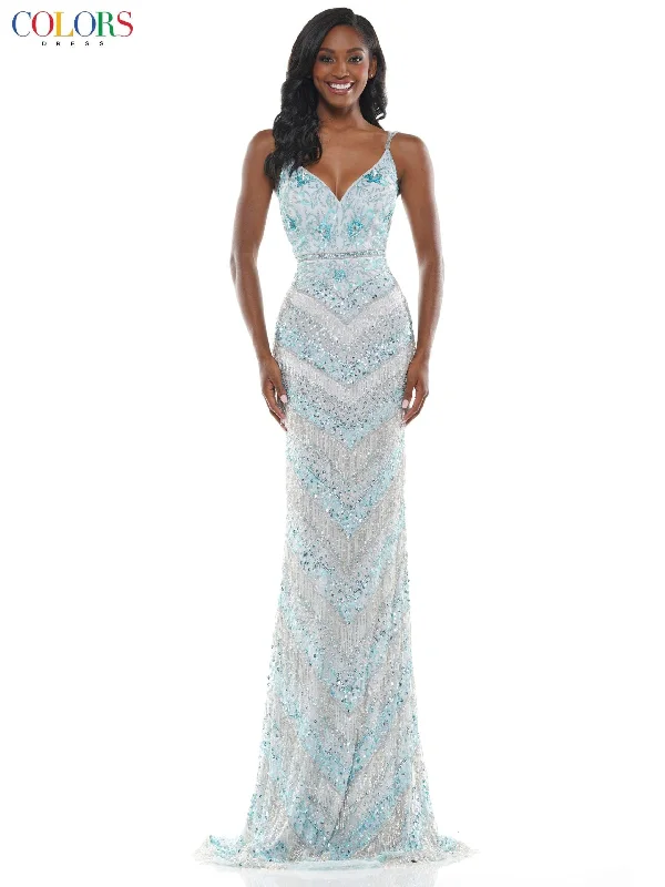 Wedding guest dresses with ruched bodices and spaghetti strapsColors K109 Colors Long Spaghetti Strap Beaded Prom Dress