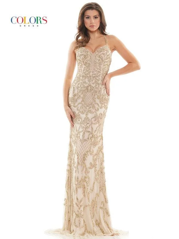 Wrap - style wedding guest dresses with bow accentsColors K119 Colors Long Spaghetti Strap Beaded Prom Dress