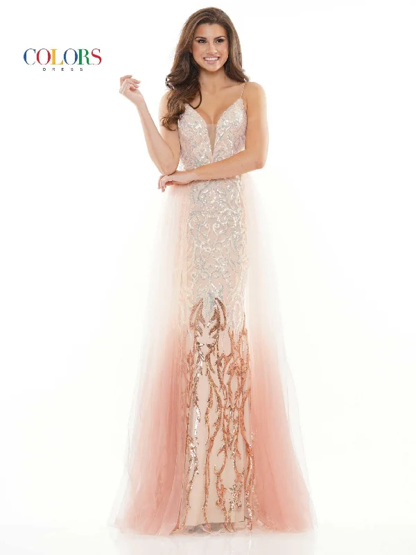 Metallic wedding guest dresses for a glamorous weddingColors 2757 Colors Long Spaghetti Strap Ombre Prom Dress