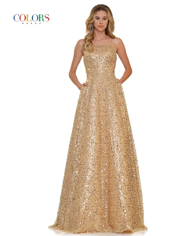 Wedding guest dresses with tiered skirts for a feminine lookColors 2665 Colors Long Spaghetti Strap Prom Ball Gown