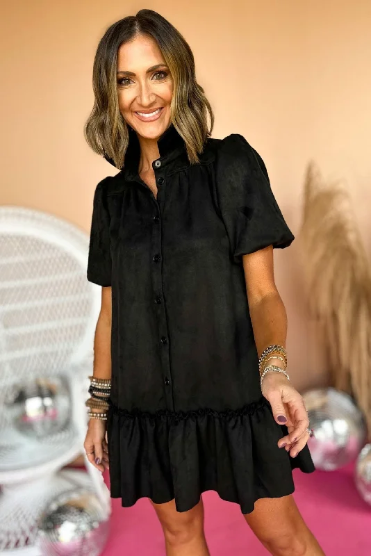 Mini dresses with belted waists for a defined silhouetteBlack Faux Suede Button Down Puff Sleeve Dress