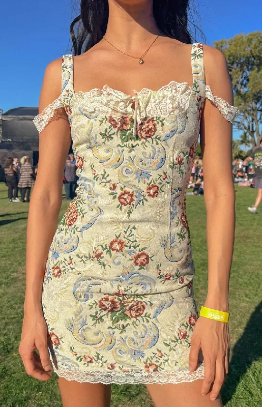 Metallic mini dresses for a glamorous eventDaydreaming Beige Tapestry Mini Dress