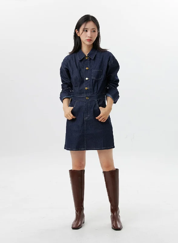 Denim mini dresses with distressed detailsDenim Mini Shirt Dress OG315