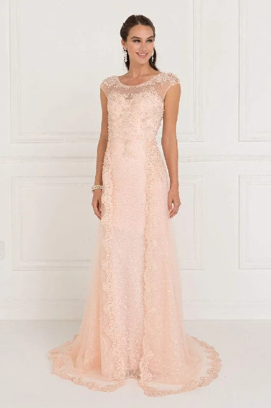 Long - sleeved wedding guest dresses in velvet for a winter weddingElizabeth K Bridal - GL1539 Lace Embellished Illusion Jewel Sheath Dress