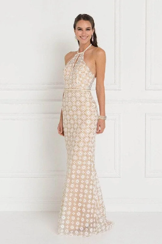 Wrap - style wedding guest dresses with bow accentsElizabeth K GL1548 - Halter Floral Beaded Evening Dress