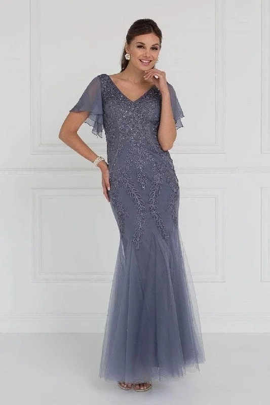 Maxi wedding guest dresses with floral prints for summer weddingsElizabeth K GL1576 - Foliage Appliqued Sheer Sleeve Formal Gown