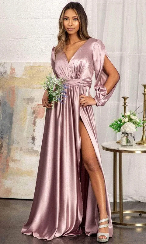 Strapless wedding guest dresses with rhinestone - studded bodicesElizabeth K GL1990 - Split Sleeve High Slit Evening Dress