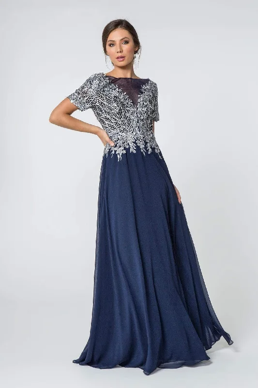 Velvet - trimmed wedding guest dresses in burgundy for a formal eventElizabeth K - GL2826 Metallic Lace Embroidered Chiffon Dress