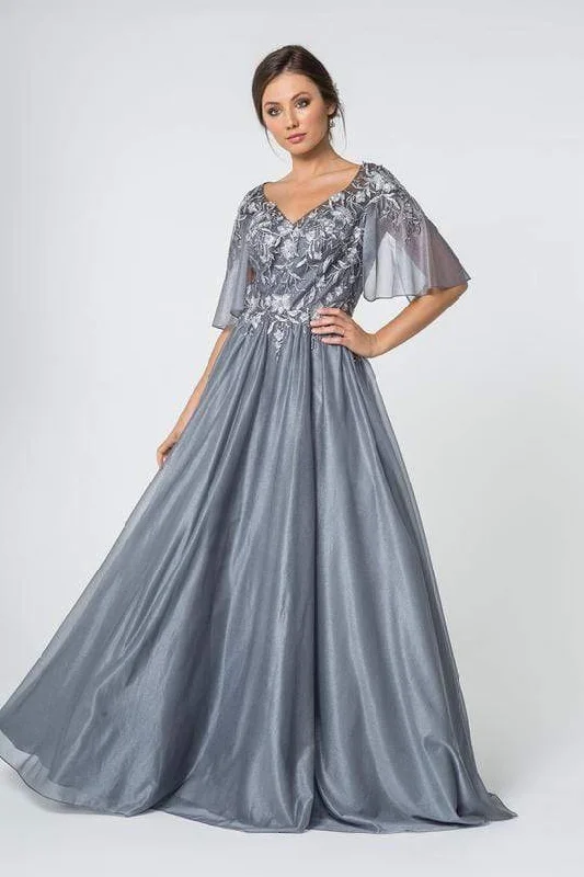 Asymmetric - hem wedding guest dresses in metallic huesElizabeth K - GL2830 Sheer Cape Sleeve Appliqued Chiffon Dress