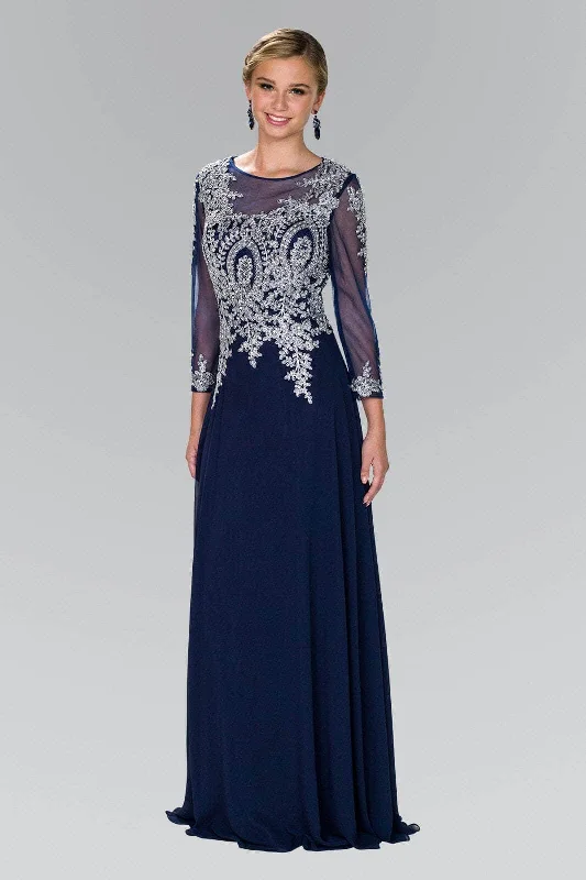 Halter - neck wedding guest dresses with beaded strapsElizabeth K - GL1368 Laced Bateau Neck Long Sleeve Dress