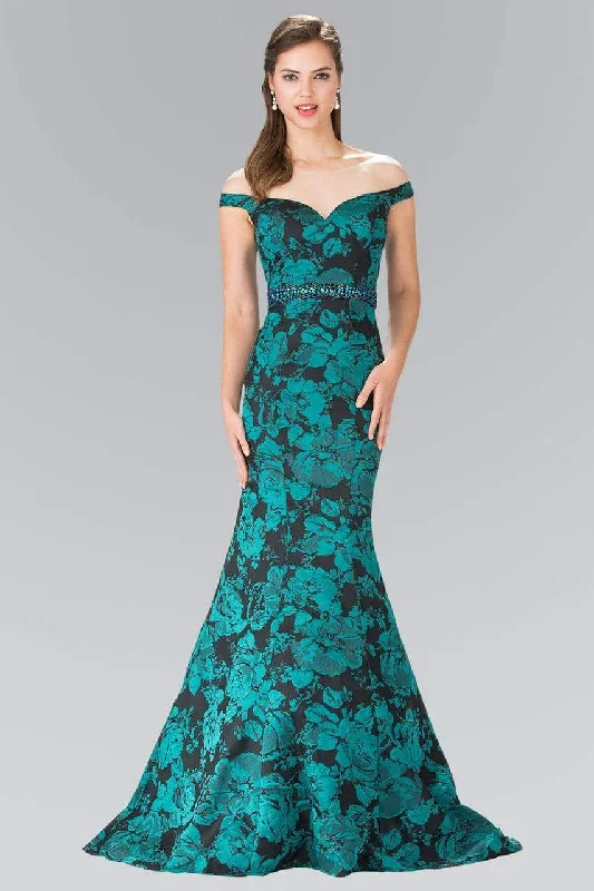 Wedding guest dresses with abstract prints and long trainsElizabeth K - GL2245 Mock Off-Shoulder Floral Print Mermaid Gown