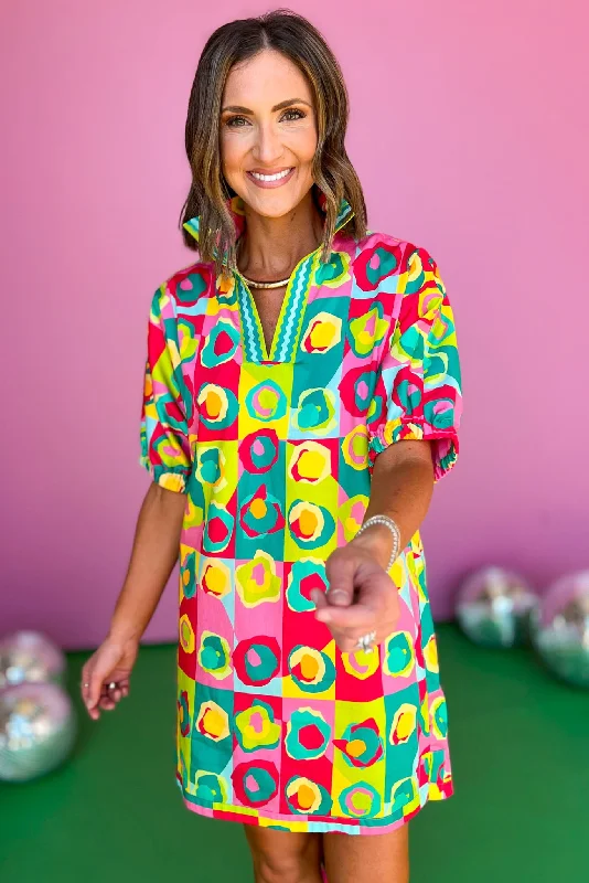 Mini dresses with embroidered details for a unique touchEmily McCarthy Yellow Multi Print Stand Collar Elastic Band Short Sleeve Dress