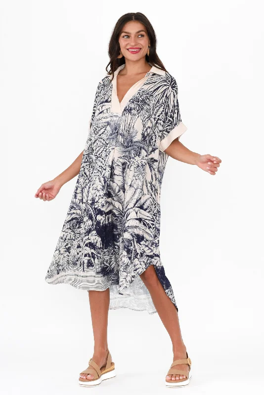 Linen mini dresses for a breathable summer optionFairmont Navy Jungle Collared Dress