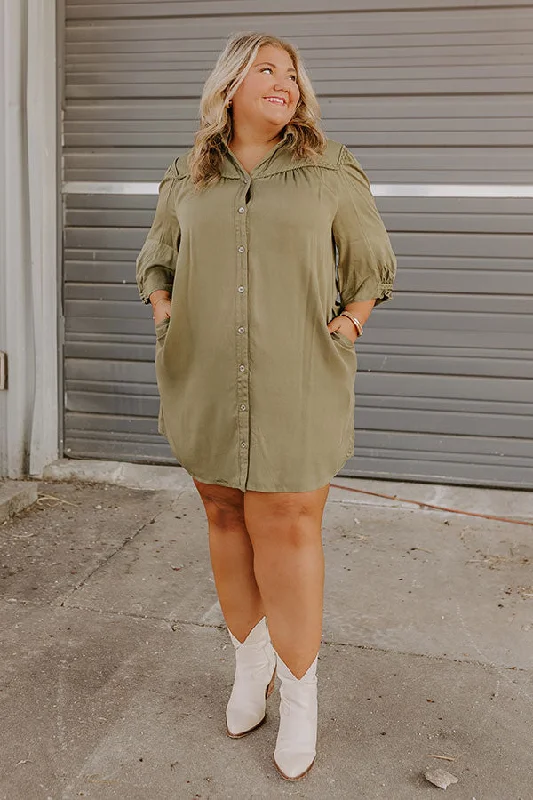 Mini dresses with empire waists for a flattering fitFalling Leaves Button Down Mini Dress in Olive Curves