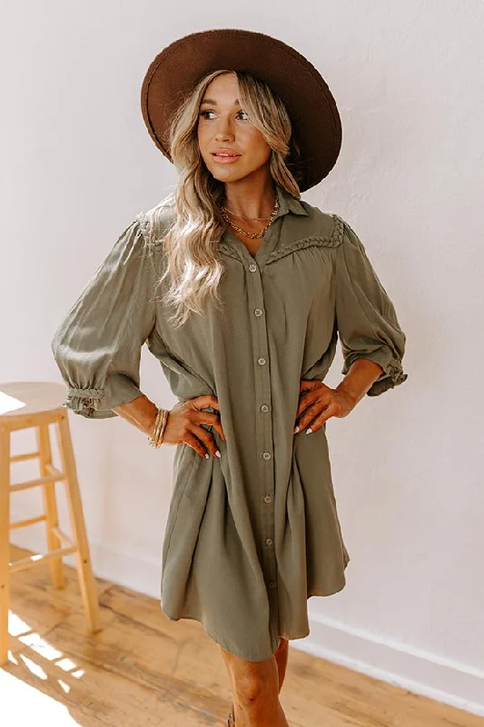 Mini dresses with V - necklines for a flattering shapeFalling Leaves Button Down Mini Dress in Olive