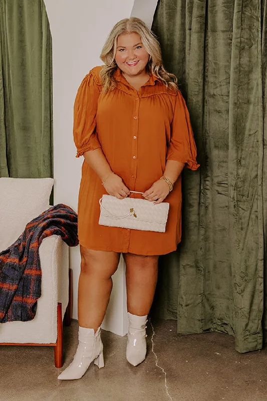 Satin mini dresses for a luxurious feelFalling Leaves Button Down Mini Dress in Pumpkin Curves