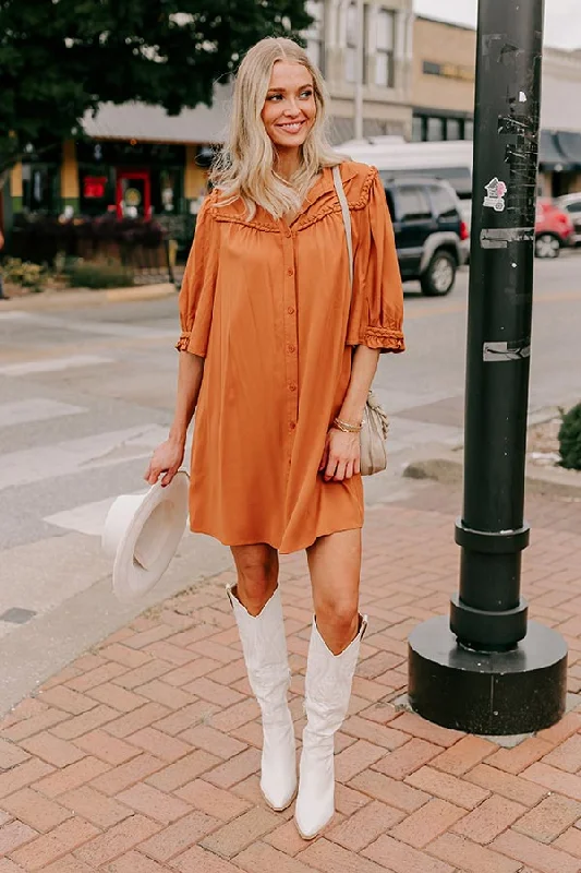 Mini dresses with criss - cross backs for a flirty lookFalling Leaves Button Down Mini Dress in Pumpkin