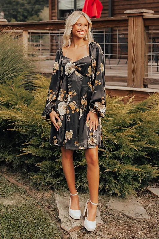 Mini dresses with bow accents for a sweet lookFlirty Moments Satin Mini Dress in Black