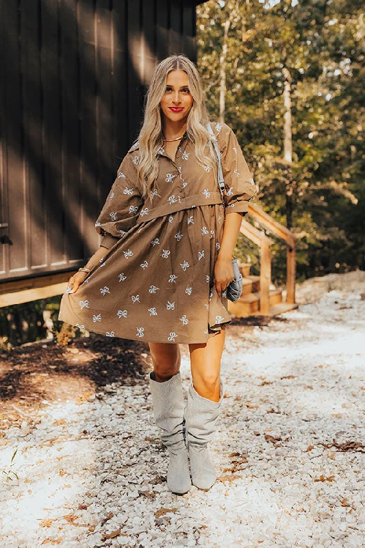 Mini dresses with off - the - shoulder stylesFor The Love Of Bows Mini Dress in Mocha