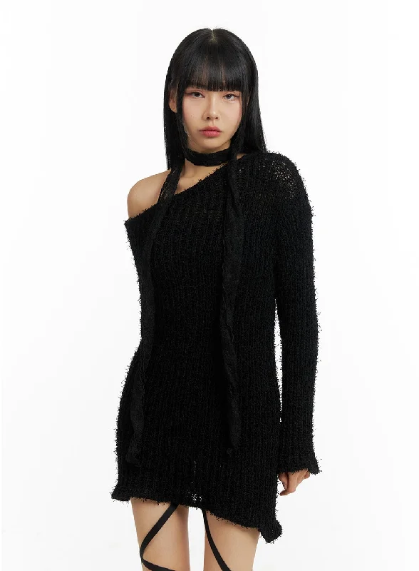 Mini dresses with belted waists for a defined silhouetteFuzzy Knit Asymmetrical Shoulder Mini Dress CM406