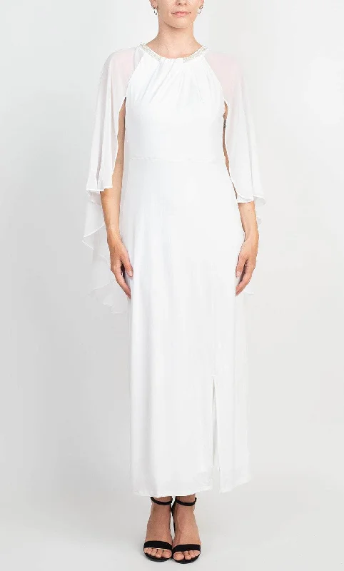 Off - the - shoulder wedding guest dresses in chiffonGlamour GRN731L - Cape Sleeve Beaded Neckline Long Dress