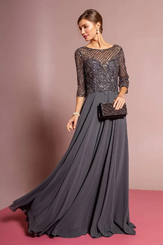 Polka - dot - printed wedding guest dresses with short sleevesGLS by Gloria - GL2686 Sequined Illusion Bateau A-Line Dress