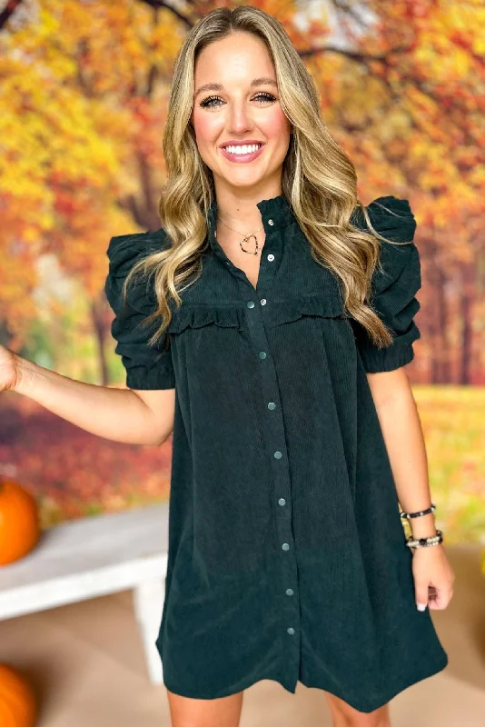 Mini dresses with gathered skirts for a voluminous effectHunter Green Button Front Flutter Puff Sleeve Dress