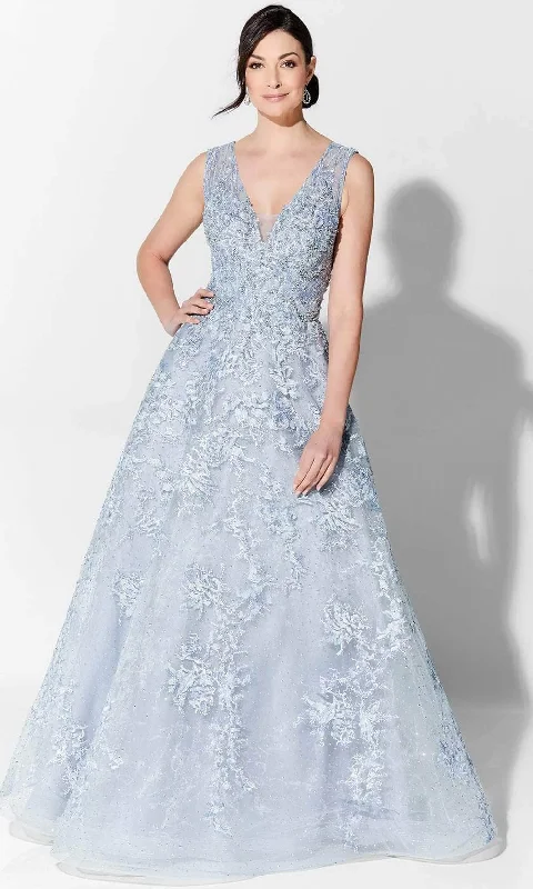 Wedding guest dresses with pom - pom trims for a playful lookIvonne D 122D67 - V-Neck Embroidered Evening Gown