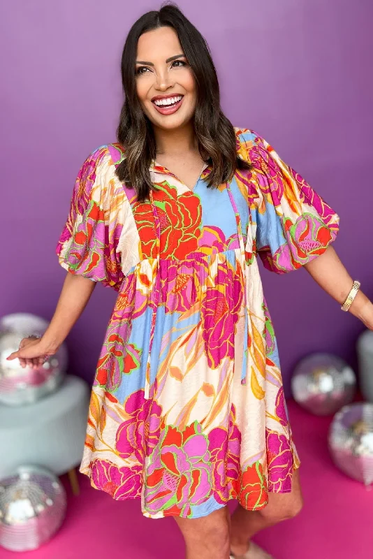 Mini dresses with wrap - around stylesIvory Multi Floral Tie Neck Half Balloon Sleeve Dress Mini dresses with wrap - around stylesIvory Multi Floral Tie Neck Half Balloon Sleeve Dress