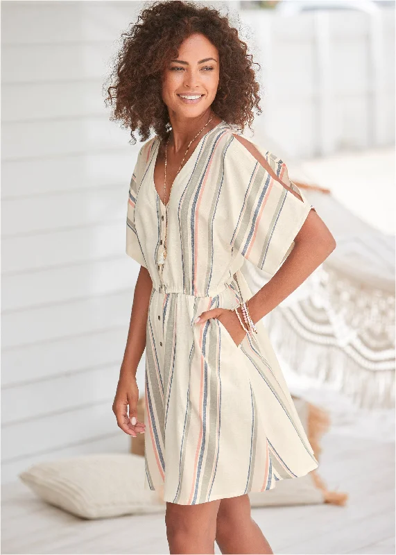 Mini dresses with empire waists for a flattering fitButton Cold-Shoulder Dress - White Multi