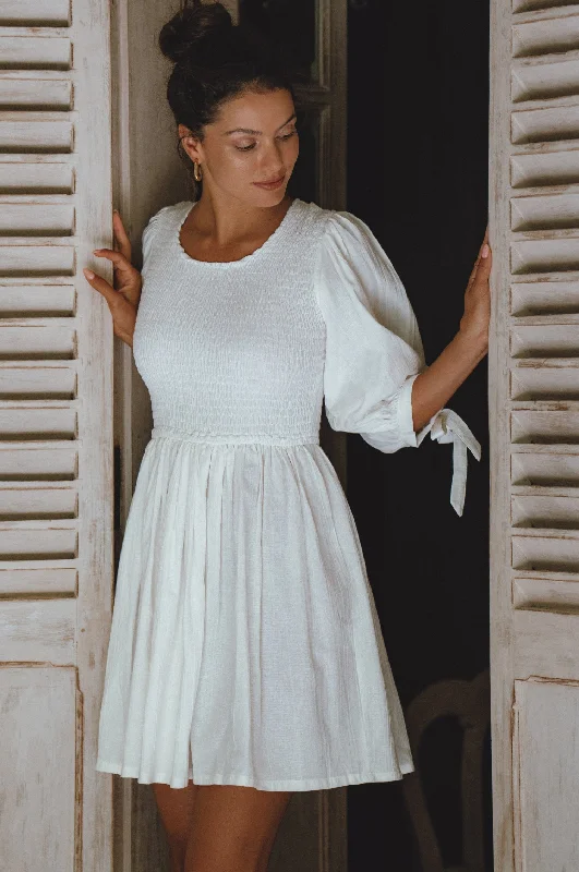 Mini dresses with polka dot patternsJolie Puff Sleeve Linen Mini Dress