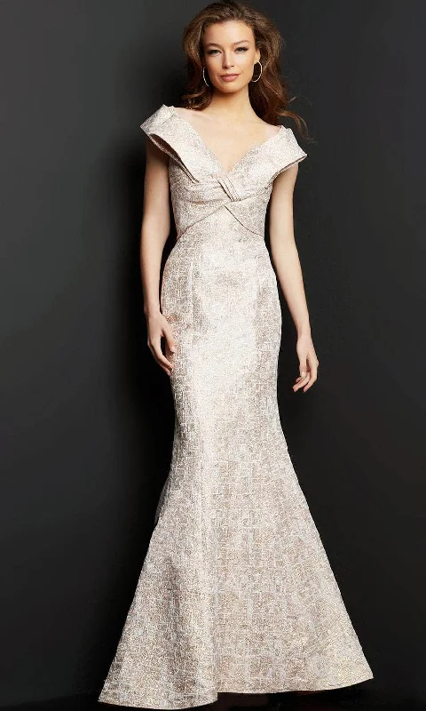 Wedding guest dresses with ruched bodices and spaghetti strapsJovani 08656 - Cap Sleeved Bow V-Neck Mother of the Groom Gown