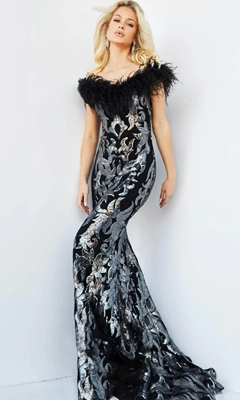 Off - the - shoulder wedding guest dresses in chiffonJovani 22346 - Sequin and Feathered Evening Gown Off - the - shoulder wedding guest dresses in chiffonJovani 22346 - Sequin and Feathered Evening Gown