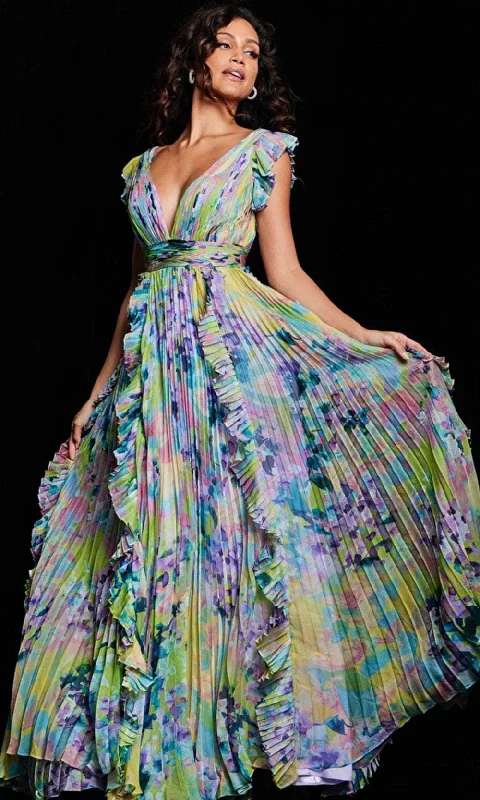 Halter - neck wedding guest dresses with beaded strapsJovani 34412SC - Flutter Sleeve Floral Evening Dress Halter - neck wedding guest dresses with beaded strapsJovani 34412SC - Flutter Sleeve Floral Evening Dress