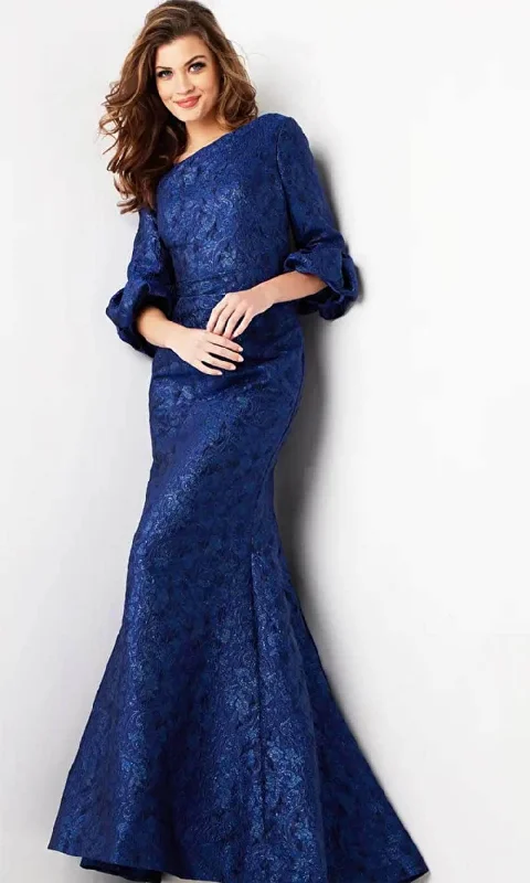 Midi wedding guest dresses in navy blue for a formal affairJovani 38791SC - Asymmetric Neckline Jacquard Evening Gown Midi wedding guest dresses in navy blue for a formal affairJovani 38791SC - Asymmetric Neckline Jacquard Evening Gown